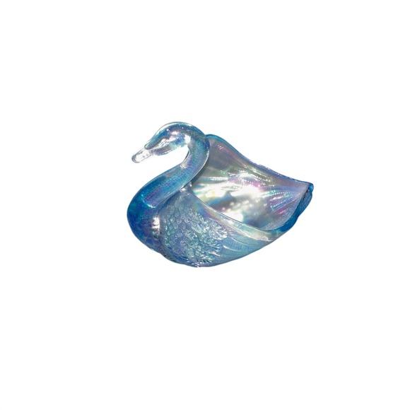 Iridescent Glass Swan Trinket Dish Candy Bowl Blue Opalescent Art Glass - Picture 2 of 5